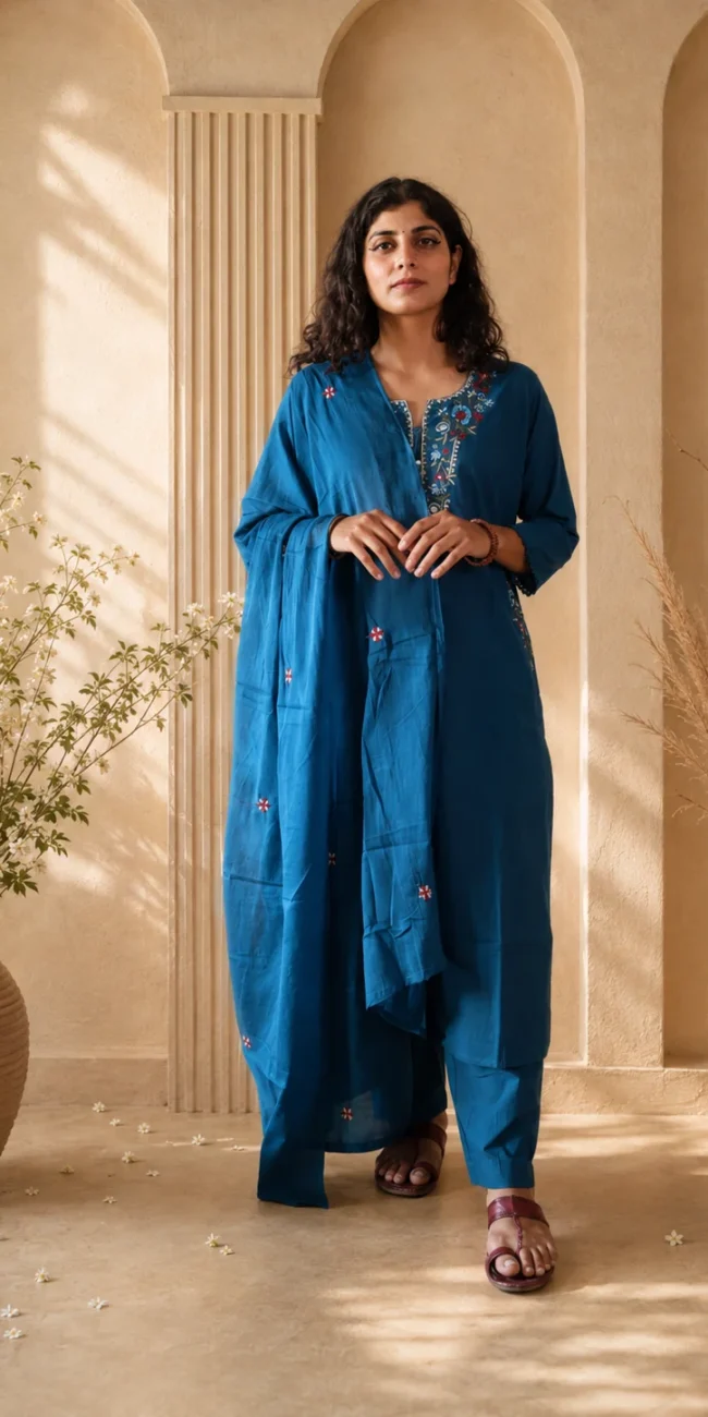 blue pocket kurta set, front view, Pocket Dress