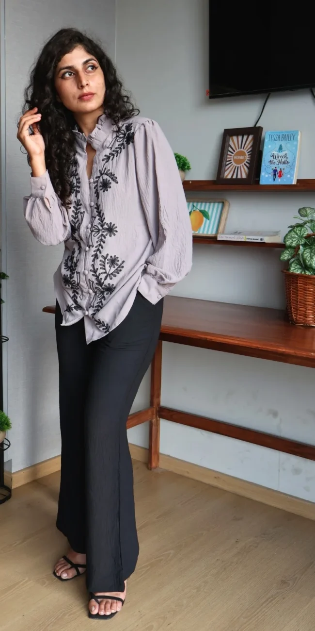 grey embroidered co-ord set with pockets, front view, Pocket Dress