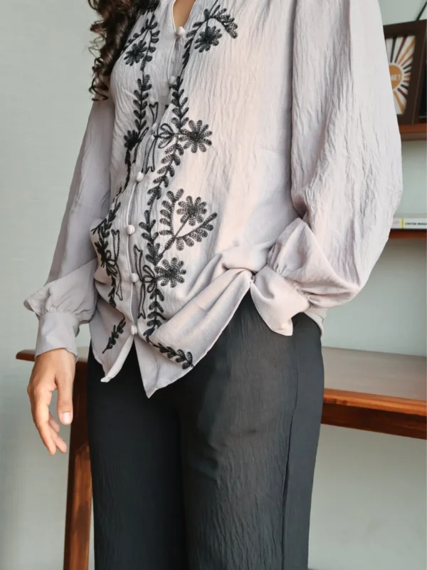 grey embroidered co-ord set with pockets, front view, Pocket Dress