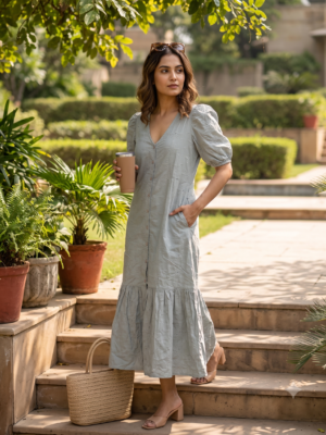 floral midi dress with pockets, front view, Pocket Dress
