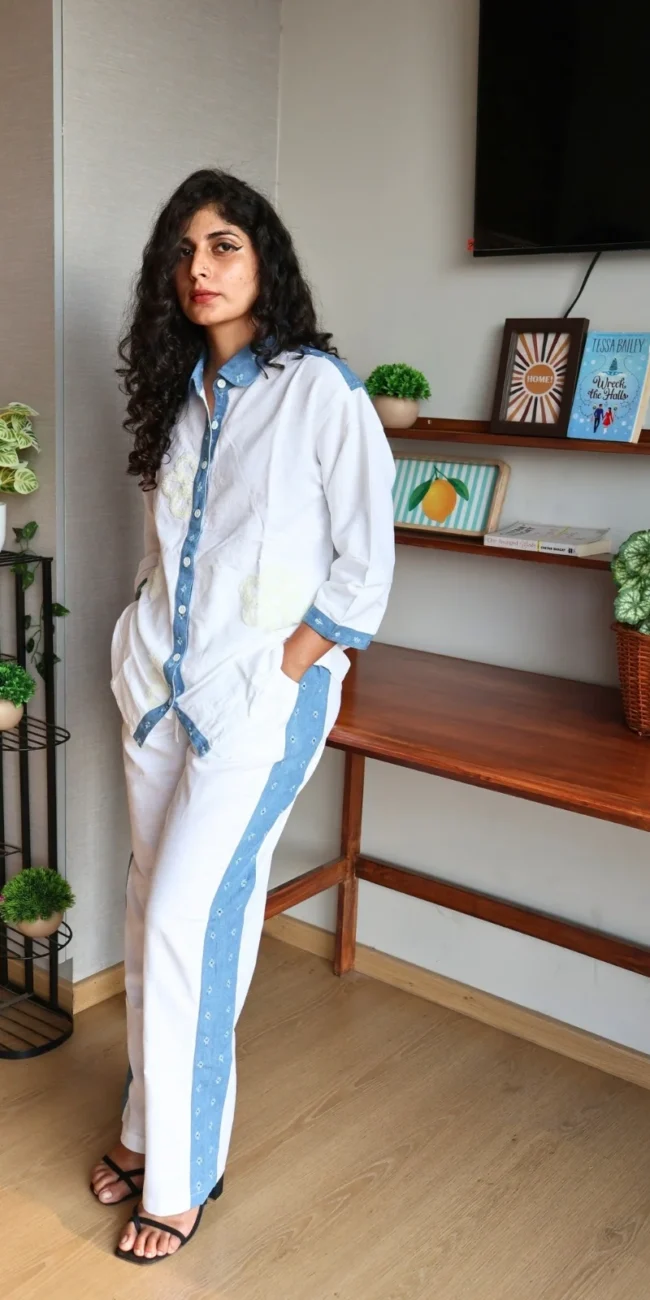 denim trim co-ord set with pockets, front view, Pocket Dress