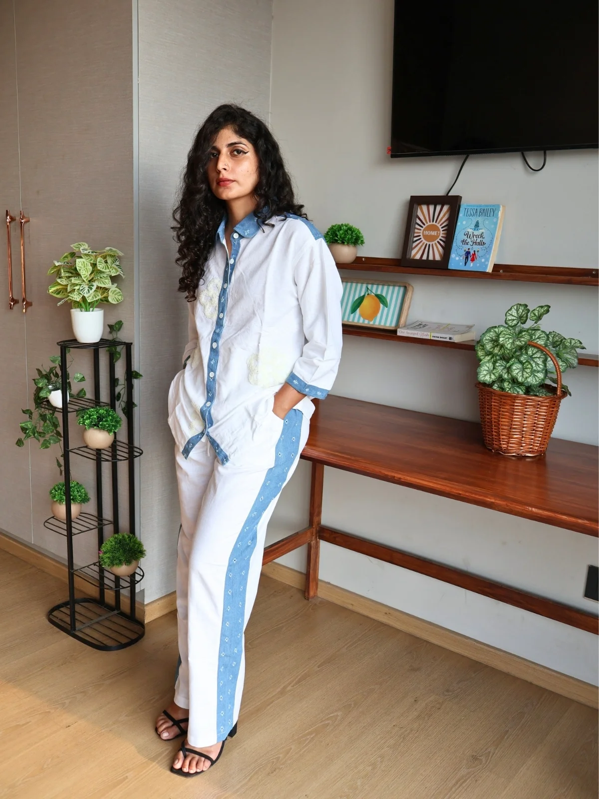 denim trim co-ord set with pockets, front view, Pocket Dress