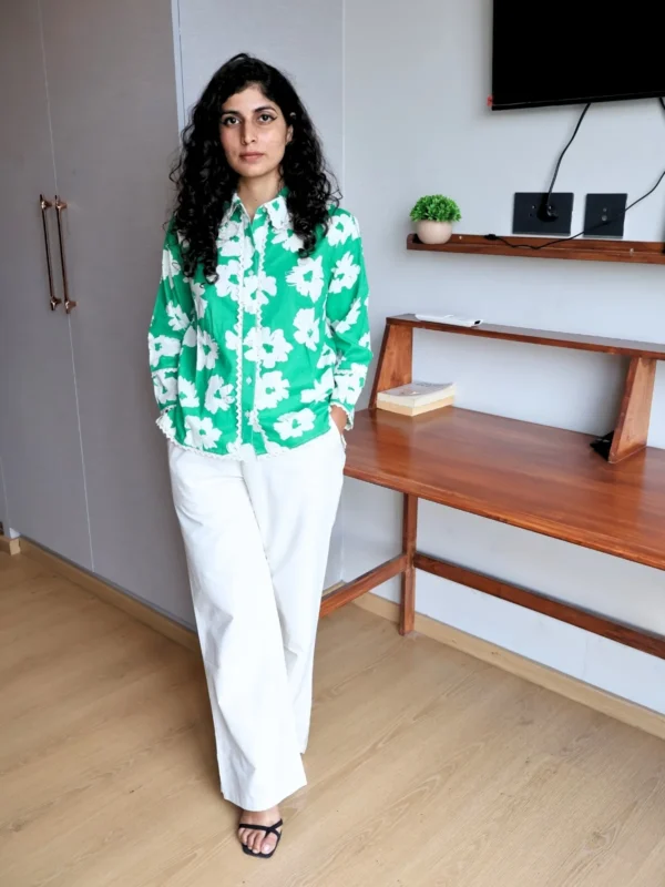 green floral co-ord set with pockets, front view, Pocket Dress
