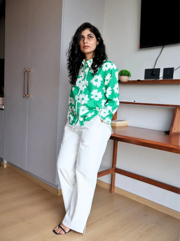green floral co-ord set with pockets, front view, Pocket Dress