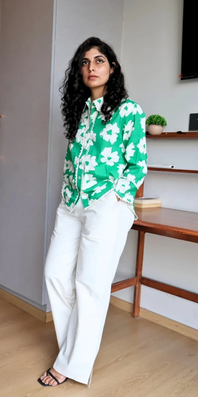 green floral co-ord set with pockets, front view, Pocket Dress