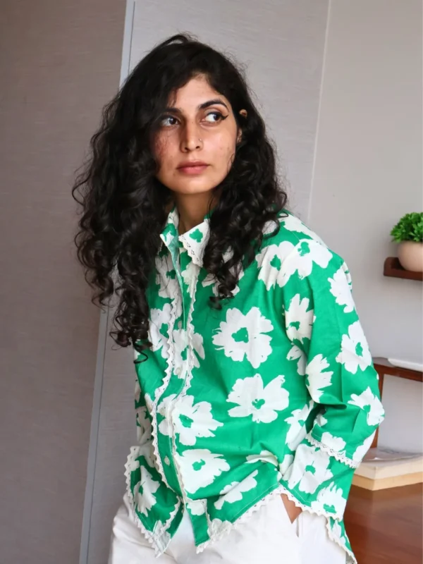 green floral co-ord set with pockets, front view, Pocket Dress
