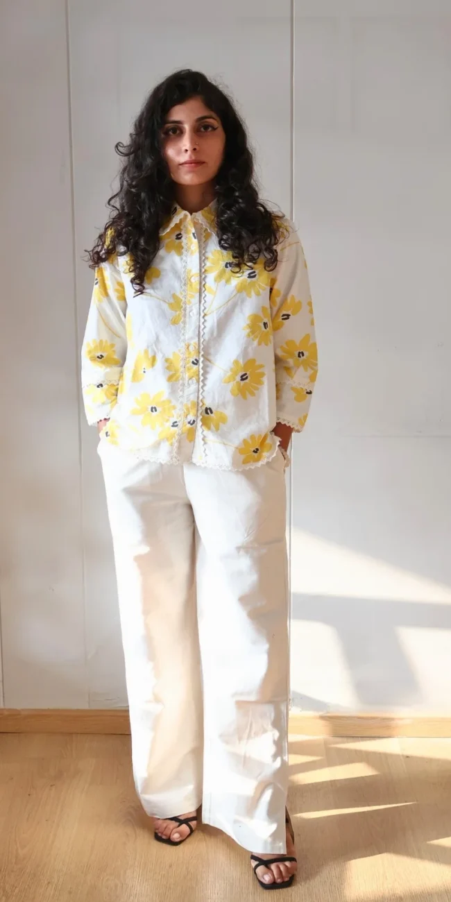 yellow floral co-ord set with pockets, front view, Pocket Dress