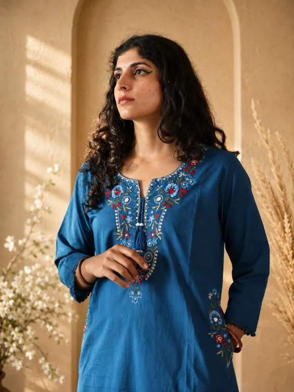 blue pocket kurta set, front view, Pocket Dress