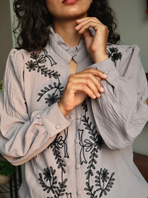 grey embroidered co-ord set with pockets, front view, Pocket Dress