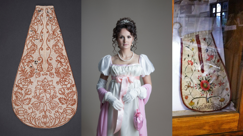 Antique embroidered tie-on pocket and Regency-era dress, showing how women's pockets disappeared from fashion