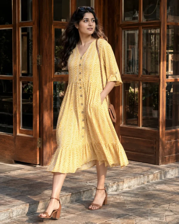 Yellow wave print midi dress with pockets, front view, Pocket Dress
