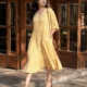Yellow wave print midi dress with pockets, front view, Pocket Dress