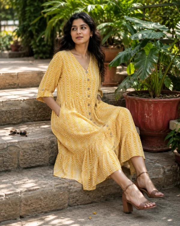 Yellow wave print midi dress with pockets, front view, Pocket Dress