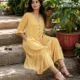 Yellow wave print midi dress with pockets, front view, Pocket Dress