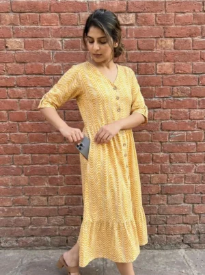 Yellow wave print midi dress with pockets, front view, Pocket Dress