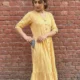 Yellow wave print midi dress with pockets, front view, Pocket Dress
