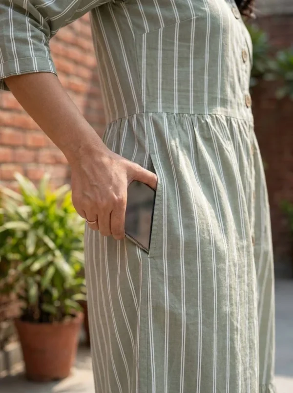 sage green midi dress with pockets, front view, Pocket Dress