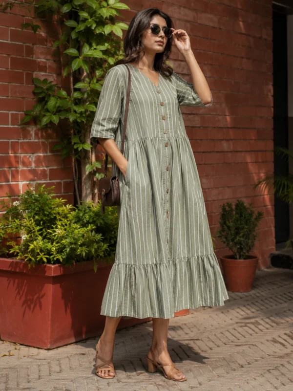 sage green midi dress with pockets, front view, Pocket Dress