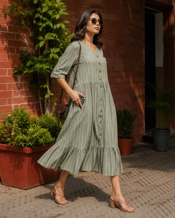 sage green midi dress with pockets, front view, Pocket Dress