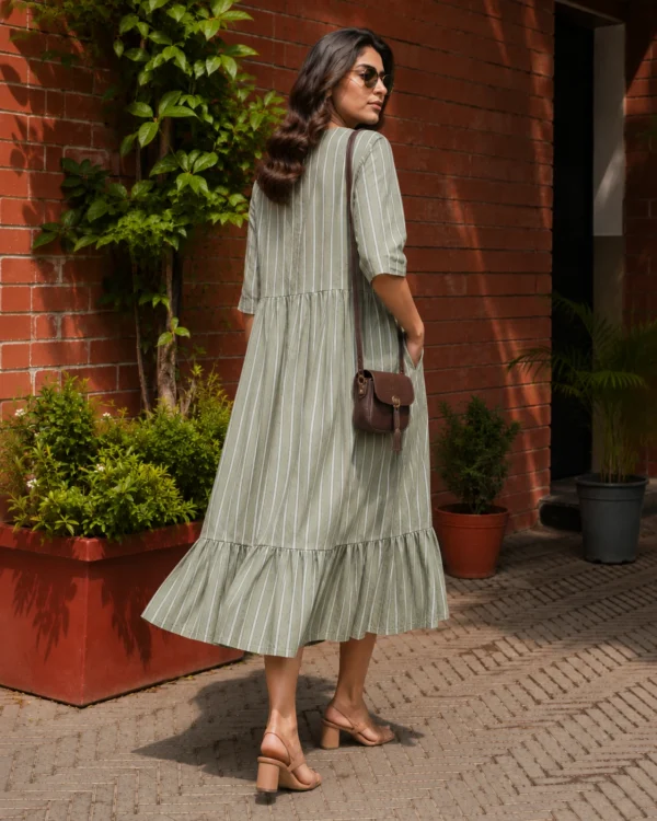 sage green midi dress with pockets, back view, Pocket Dress